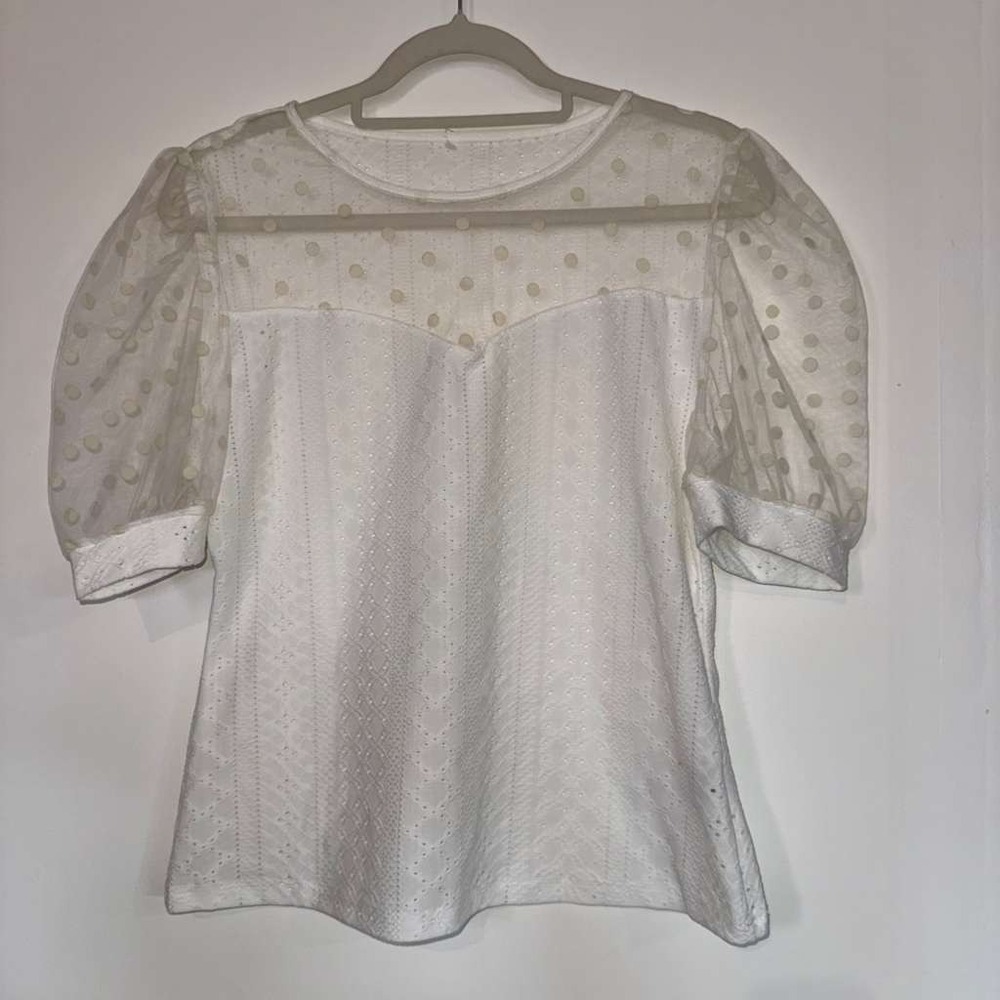 SHEIN Women's Sz 1X Eyelet Detail Top Sheer Polka-Dot Mesh Puff Sleeves Feminine
